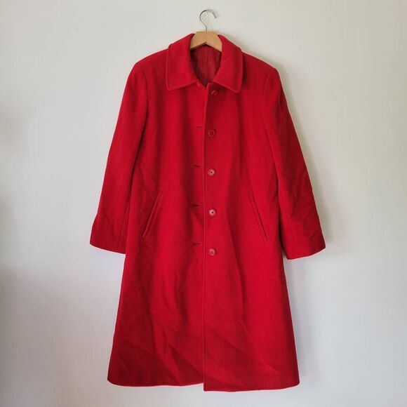 Lands' End 100% Wool Classic Red Women's Coat Long Buttons Pockets 8 M - Picture 1 of 8